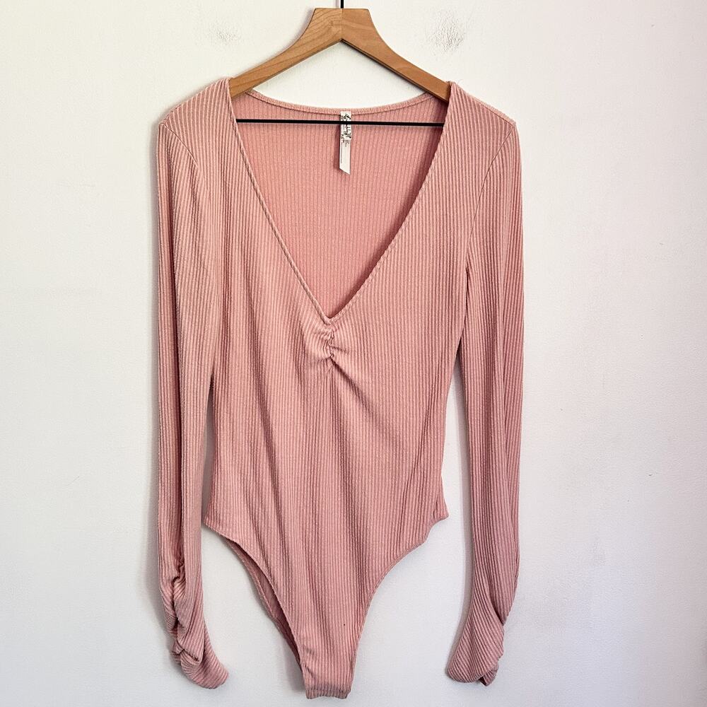 Free People Intimately Ribbed Long Sleeve Bodysuit Pink Size L